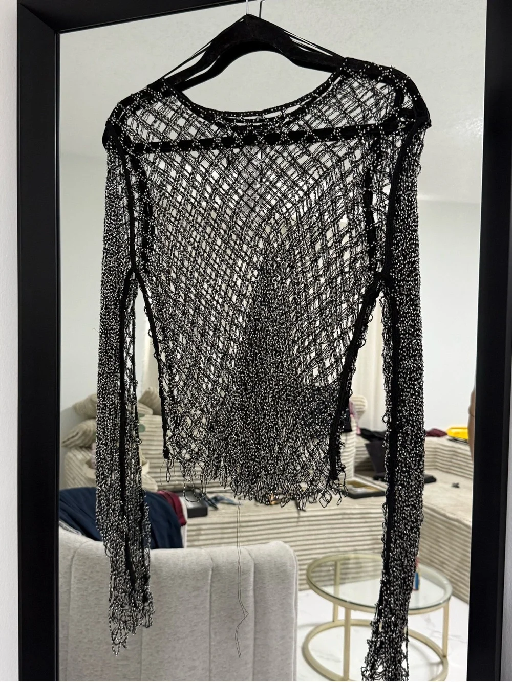 Zara Beaded Mesh Top XS - Black Diamond Net Long Sleeve Crop Overlay NWOT